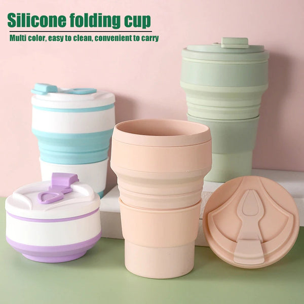 350ML Silicone Folding Cup Collapsible Mug With Cover Coffee Travel Outdoors Portable Water Drinking Tea Cups