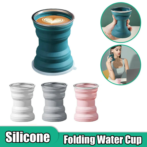 Portable Silicone Folding Water Cup Heat Resistant Collapsible Mug with Lid Outdoor Travel Drinking Folding Cups for Camping